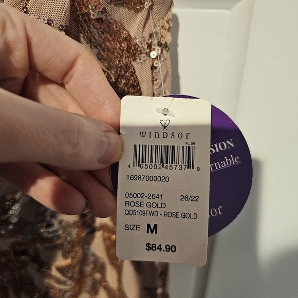 Windsor Rose Gold floor length high left thigh slit.  Sparkle thin strap dress - Picture 2 of 4